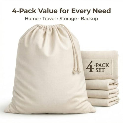 Urban Villa Laundry Bags 4-Pack 28”x36" Extra-Large Cotton Canvas Heavy Duty Washable Durable Travel Laundry Sacks with Drawstring Closure Reusable Hamper Liners for Dirty Clothes Delicates & Lingerie