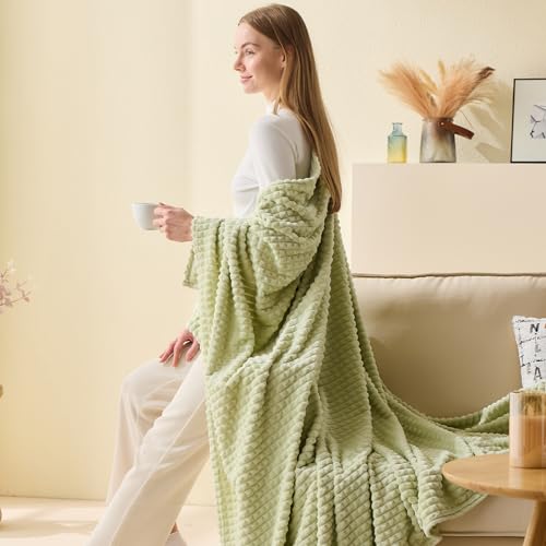 EMME Fleece Throw Blanket Luxury Flannel for Couch Bed Sofa Chair, Soft, Plush, Warm and Cozy Blanket with Geometric Grid Design (Sage Green, 60'' x 80'') - color: 15-grid-sage Green, size: Twin
