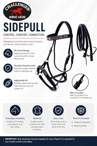 Horse Brown Leather Beaded Bitless Padded Sidepull Bridle w/ Reins 77RS17 - color: Black/Beaded