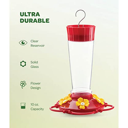 Glass Hummingbird Feeder 10oz [Set of 2] Ant Guard & Wide Mouth Leakproof - size: 10 oz - 2 Pack