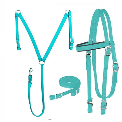 Majestic Ally Nylon Padded Equestrian Browband Headstall, Reins & BreastCollar Set for Horse- Full - color: Turquoise