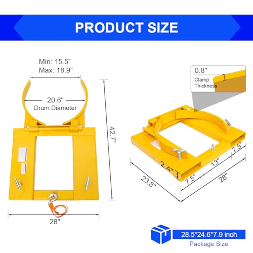 Drum Grabber 1500lbs Capacity Single Fork Mounted Drum Gripper, Hinged Folding Arm Design for 55 Gallon Drums up to 22.4" Diameter, Yellow - color: Single Drum Grab