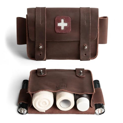 Hide & Drink, Empty First Aid Bag, Mini Medical Storage Pouch, Rectangular Bag for Survival Kit, Full Grain Leather, Handmade - color: Bourbon Brown