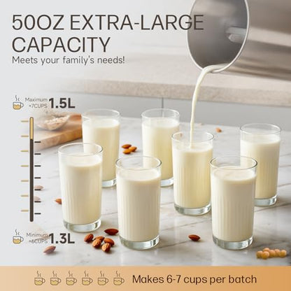 50oz Almond Milk Maker Machine (Built-in Strainer Filter) Make Plant Based Milk, Soup & Juice, 6-7 Cups Per Batch, 304 Stainless Steel, 5.3 lb, Automatic Cleaning, 8-IN-1 Nut Milk Maker for Soy & Oat