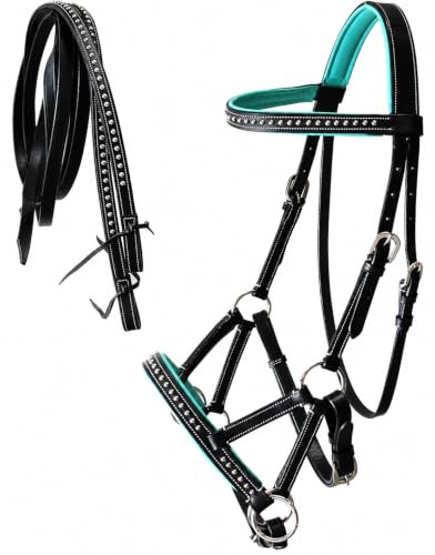 CHALLENGER Horse Western Horse Western English Leather Bitless Sidepull Bridle Reins Turquoise 7708TR-C