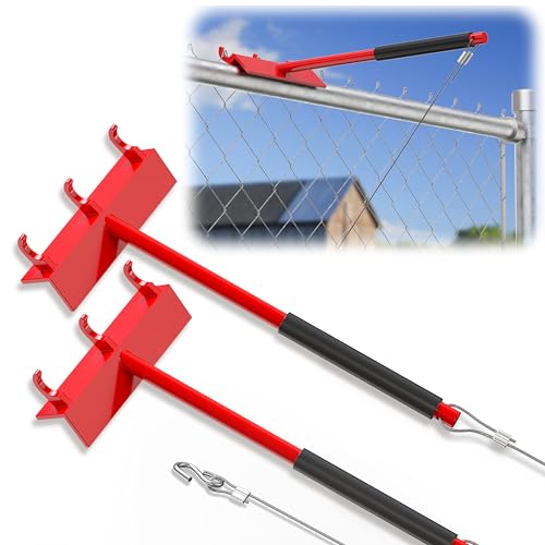 Chain Link Fence Top Rail Tensioner Tool, Heavy-Duty Steel Stretcher with 3 Hooks & 28" Cable Hook, 300 lbs Pull Capacity, Easy One-Person Installation, Red, 2PC - color: Red