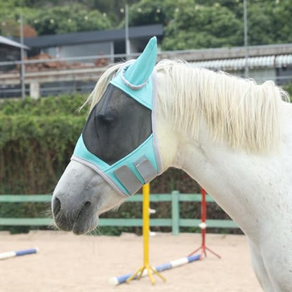 Horse Fly Mask with Ears, Breathable Fine Mesh Turquoise Cob - color: Turquoise, size: Cob