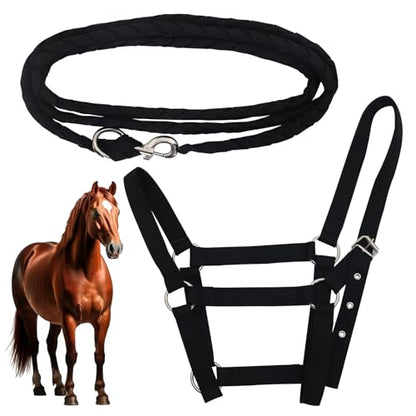 Adjustable Nylon Horse Halter & Matching Lead Set for Horses - color: BLACK
