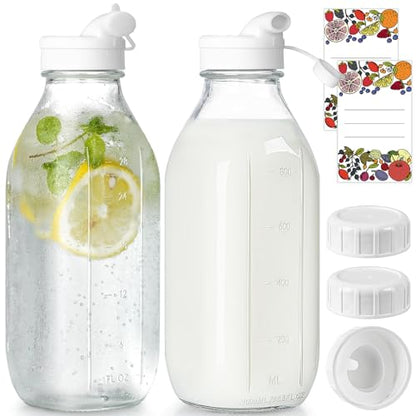 Syntic 2 Pack 32 Oz Glass Milk Bottles with Airtight Lids & 2 Caps | Reusable Screw Lids with 2 Dispenser Caps for Glass Water Jug,Buttermilk, Juice,Syrup,Coffee Creamer & Refrigerator Storage