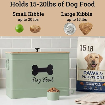Metal Dog Food Container 15-20 lbs w/ Airtight Bamboo Lid, 70 Cup Capacity - color: Sage Green