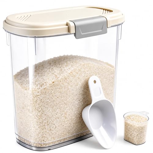 Large Rice Storage Container 15-20 Lbs, Tall Flour Container Dry Food Bin - color: Cream White