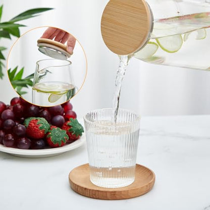 Hsei 2 Sets Glass Pitcher with Lid, 67.6 oz / 2000 ml Water Carafe with Handles Hot Cold Beverage Water Jar Glass Jug for Tea Juice Milk Coffee Iced Beverage(2l) - color: Bamboo Lid, size: 2l