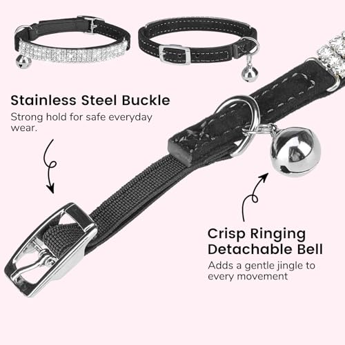 BINGPET Diamond Cat Collar with Bell,Adjustable Kitten Collar, Black - color: Black(Rhinestones), size: Neck Girth 8"-10"