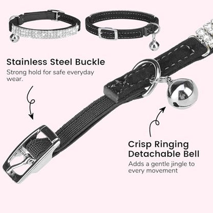 BINGPET Diamond Cat Collar with Bell,Adjustable Kitten Collar, Black - color: Black(Rhinestones), size: Neck Girth 8"-10"