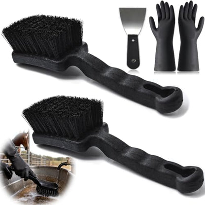 2 Pack Horse Bucket Brush Water Trough Scrub Brush, Stiff Bristle | Heavy-Duty Non-Slip Handle, Includes Cleaning Scraper and Gloves for Livestock Farms, Feed Troughs, Barns and Outdoor Use