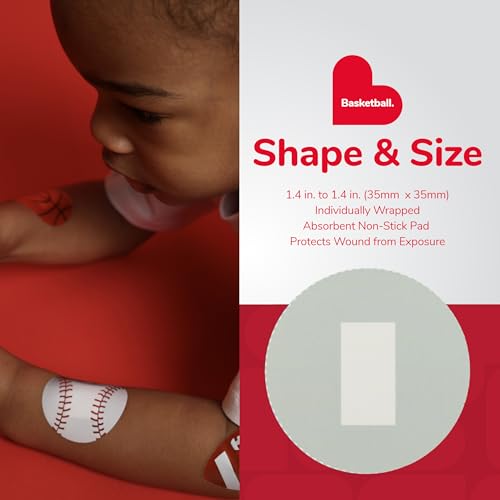 BioSwiss Bandages, Basketball Shaped Self Adhesive Bandage, Latex Free Sterile Wound Care, Fun First Aid Kit Supplies for Kids, 50 Count - size: 50-Count Box, style: Basketball