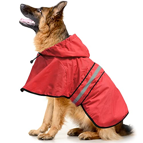 Waterproof Reflective Dog Raincoat - Adjustable Hooded Slicker Poncho Pet Rain Coat, Lightweight Dog Rain Jacket for Small to X- Large Dogs and Puppies (Red, Large) - color: Red, size: Large