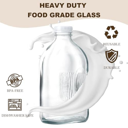 FyndraX Glass Milk Jugs Containers - Half Gallon Juice Bottles with Airtight Screw Cap and Handle for Milk, Breastmilk, Iced Tea, Cold Water, 64OZ Pitcher Set of 3 - color: 3 Pack