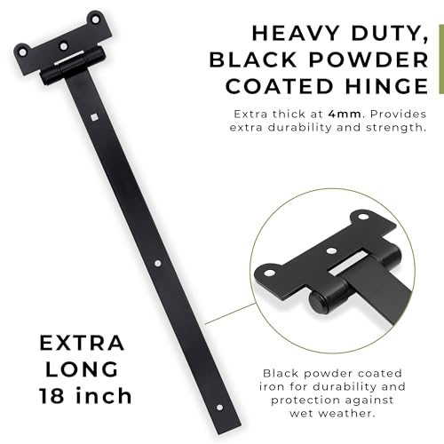 Home Improvement Door Hinges – Pack of 2 18-Inch Matte Black Hinges – 4mm Thick Barn Door Hinges Include 12 Black Coated Mounting Screws – Heavy Duty Iron Gate Hinge