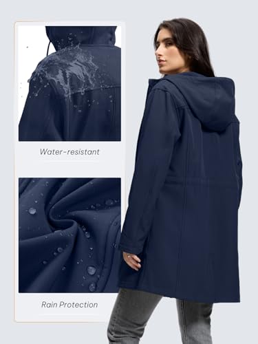 SaphiRose Women's Waterproof Rain Jacket with Fleece Lining Hooded Windbreaker Long Warm Outdoor Softshell Coat - color: Navy, size: X-Large