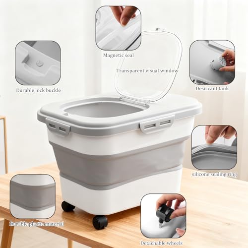 20-30 Lbs Grey Collapsible Airtight Rice Pet Food Storage Container | With Rolling Wheels Lock Lid Scoop Cup, Large Bin for Rice Flour Pet Food Home Storage
