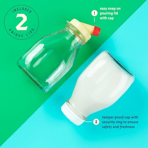 kitchentoolz 16 Oz Glass Milk Bottles with Lids (4 Pack) – Reusable Glass Creamer and Juice Bottles – Includes 8 Tamper-Proof Airtight Caps and One Silicone Pour Spout - size: 16 Ounce