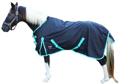 CHALLENGER 1200D Turnout Waterproof Rain Light-Weight Sheet Horse Blanket - color: Black/Turquoise Trim, size: 60"
