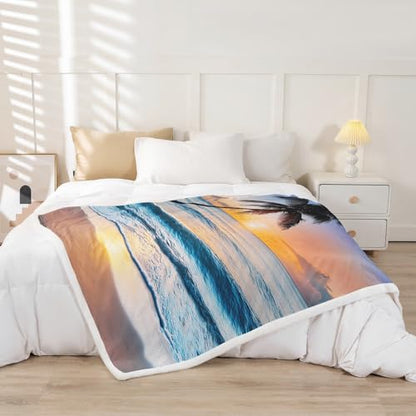 Ocean Wave Fleece Throw Blanket for Bed Sofa Couch Summer Sea Beach Sherpa Blanket Hawaiian Tropical Palm Tree Printed Blanket Soft Women Men Plush Fuzzy Blanket Air ConditionerQueen 90"x90" - color: Multi 10, size: Queen