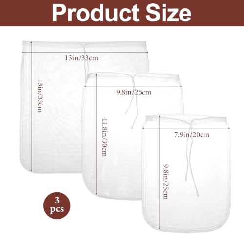 3 Pcs Nut Milk Bag, Reusable Fine Nylon Mesh Food Strainer with Stainless Steel Handle, Cold Brew Coffee Tea Greek Yogurt Filter for Almond Soy Milk Juice Cheese (8x12/10x12/13x13 Inches)