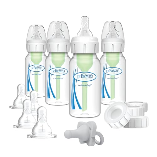 Dr. Brown's Anti-Colic Options+ Narrow Breast to Bottle Pump and Store Feeding Set with Slow Flow Nipples, Baby Bottle Travel Caps and 100% Silicone HappyPaci One-Piece Pacifier - color: Clear, size: 13 Piece Set