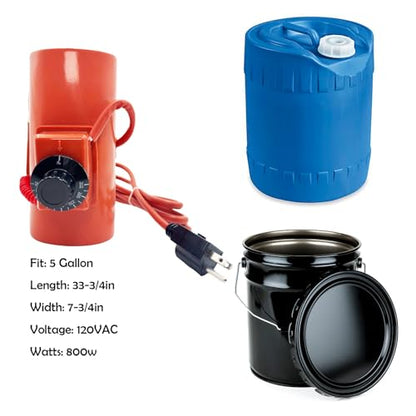 5/55 Gallon Drum Heater Band 800W/1200W with Adjustable Thermostat | 800W/1200W 120V silicone drum heater with 80°F–302°F twist controller. For grease kegs, honey drums & water buckets - color: 5 GAL/800W