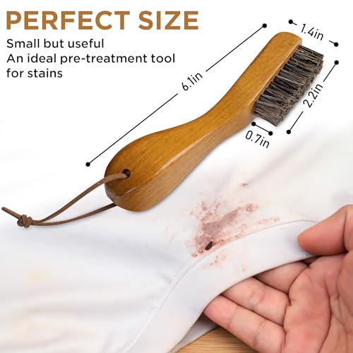 Laundry Stain Brush, Soft Natural Horse Hair, Safe on Delicates 2pcs | Clothes Cleaning Scrubber, Stain Remover for Shirts, Collars, Cuffs & Shoes, Curved Beech Wood Handle with Hanging Loop