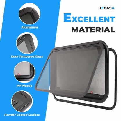 HECASA 30"W x 20"H RV Emergency Exit Window w/Trim Ring & Screen Tinted | Glass Side Window Push Out Egress for Cargo, Camper, Horse Trailer Aluminium Tempered Glass Plastic Rubber - size: 30" W x 20" H