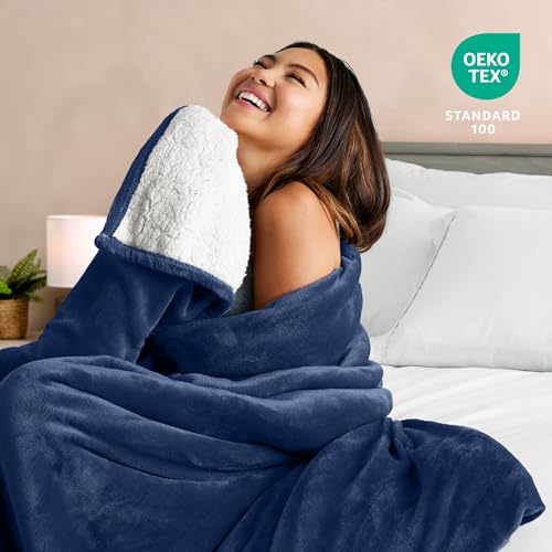 Bare Home Sherpa Fleece Blanket (Throw, Dark Blue) | Reversible Blanket for Bed, Sofa, and Couch, Warm & Lightweight, Fluffy & Soft - color: 12 - Dark Blue, size: Throw/Travel