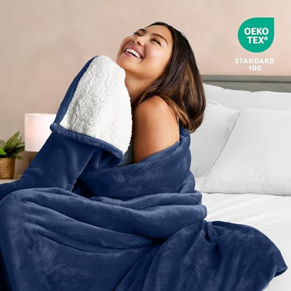 Bare Home Sherpa Fleece Blanket (Throw, Dark Blue) | Reversible Blanket for Bed, Sofa, and Couch, Warm & Lightweight, Fluffy & Soft - color: 12 - Dark Blue, size: Throw/Travel
