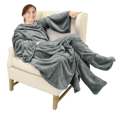 Catalonia Wearable Blanket with Sleeves & Foot Pocket for Adults - color: Gray, size: Fleece