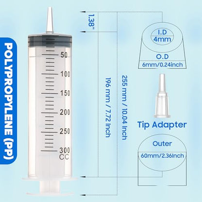300ml/cc Syringes with Tube 40 Inch Handy Plastic Tubing and Adapter Tip - size: 300ML/CC