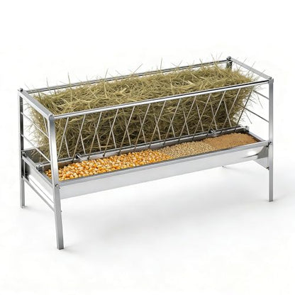Goat Hay Feeder with Grain Water Pan, 94-Gallon Capacity|Stainless Steel Frame|Safe Rounded Edges, 63" Long Livestock Hay Rack for Goats, Sheep, Cow, Horse