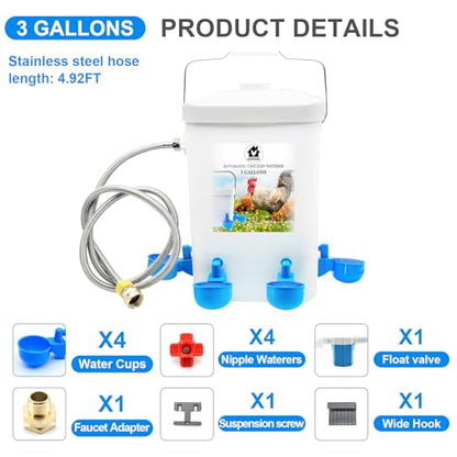 Automatic Chicken Waterer Float Controlled, 3 Gallons Poultry Waterer Dispenser with Hose Attachment, Poultry Automatic Drinking Accessories for Chicks, Duck, Goose, Turkey - size: 3 Gallon with water cup