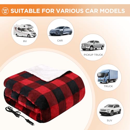 Westinghouse Heated Car Blanket, Red Buffalo Plaid, Machine Washable 59x43 - color: Red Buffalo Plaid