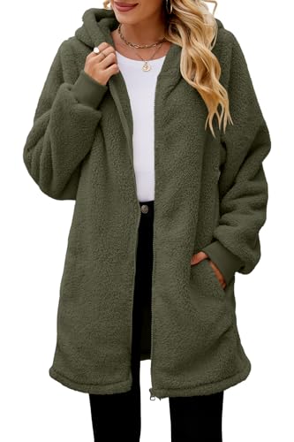 ReachMe Womens Fleece Zip Up Jacket with Pockets Oversized Long Sherpa Hoodie Fuzzy Jackets Warm Teddy Coat - color: 01 Army Green, size: Large