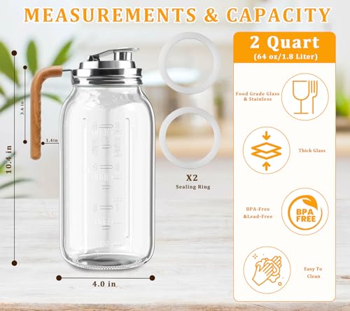 Glass Pitcher With Lid,304 Stainless Steel Lid,2 Seal Ring,64 oz(2 Quart/1.8 Liter),Mason Jar Cold Brew Water Iced Tea Brewing Breast Milk Pitcher,Sun Tea Glass Jar For Outside,Pitchers For Drinks - color: Brown