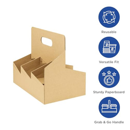 Karat [100ct Drink Carrier with Handle - Sturdy Paperboard Kraft Coffee Cup Carrier for Hot/Cold Beverages, Fits 10-32 oz Cups - Eco-Friendly, Disposable To-Go Drink Holder (6-Cup) - size: 6-Cup