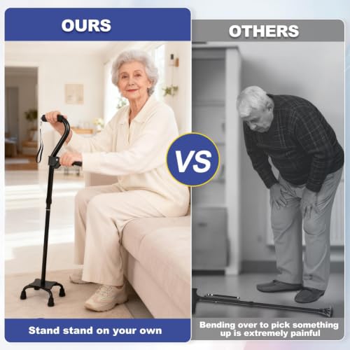 Stand Secure Cane with Stand Up Assist Handle for Elderly, 4 Prong Adjustable Walking Canes for Seniors Women and Men, Non-Slip Wide Base, Aluminum Foldable Stand Cane - color: Black