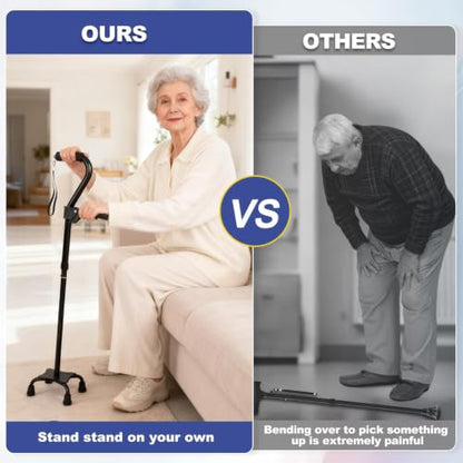 Stand Secure Cane with Stand Up Assist Handle for Elderly, 4 Prong Adjustable Walking Canes for Seniors Women and Men, Non-Slip Wide Base, Aluminum Foldable Stand Cane - color: Black