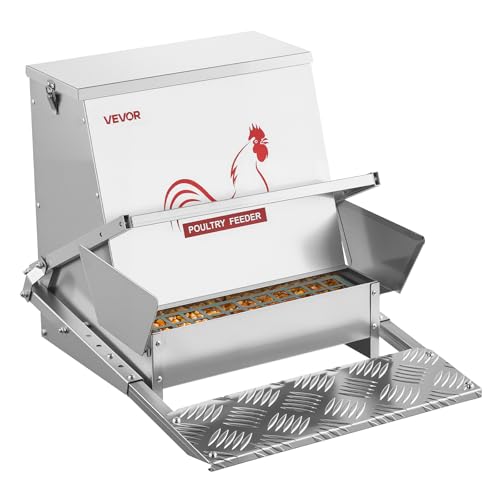 VEVOR Automatic Chicken Feeder, 40 lbs Capacity, Rainproof Treadle Poultry Feeder with Lockable Lid, No Waste, Galvanized Steel Construction, Outdoor Use, for Chicken, Bantams, Poultry, Pheasants