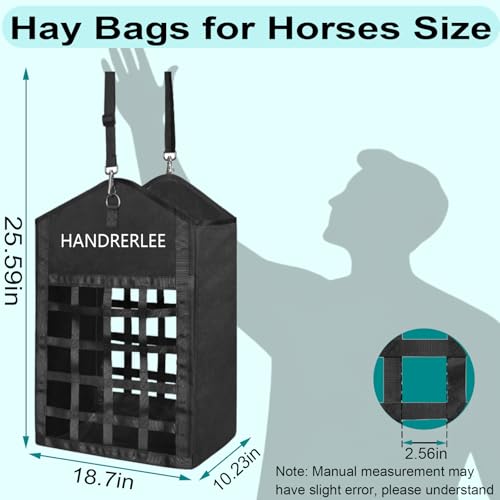 Hay Bags for Horses, 1PCS Slow Feed Hay Bags for Goats, Sheep, Donkey, Two-Sided Premium Oxford Hay Feed Bags and High Strength Metal Clasp, Easy to Hang with Adjustable Strap(Black, Large 1 Pack) - size: 1PCS