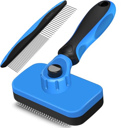 2PCS Self Cleaning Slicker Brush & Dog Comb - Skin Friendly Deshedding Grooming Tool for Dogs, Cats and Small Animals, Professional Deshedding Dematting Tool for Long and Short Haired Pets (Blue) - color: Blue