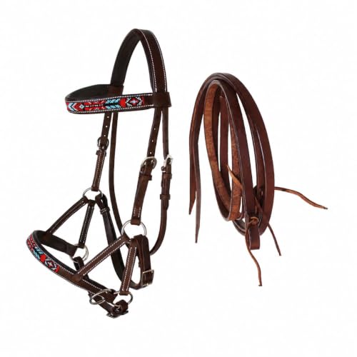 Horse Brown Leather Beaded Bitless Padded Sidepull Bridle w/ Reins 77RS17 - color: Brown/Beaded