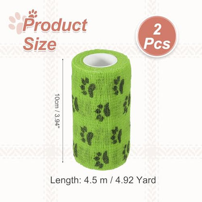 Pet Wrap Bandages, 4 Inch 5 Yard Self Adhesive Bandage Wrap, Pet Non-Woven Tape First Aid Cohesive Gauze, (Grass Green/Paw, 2 Pcs), Intended for Dog/Cat/Bird/Legs/Paws/Wound - color: Grass Green, size: 4 inch